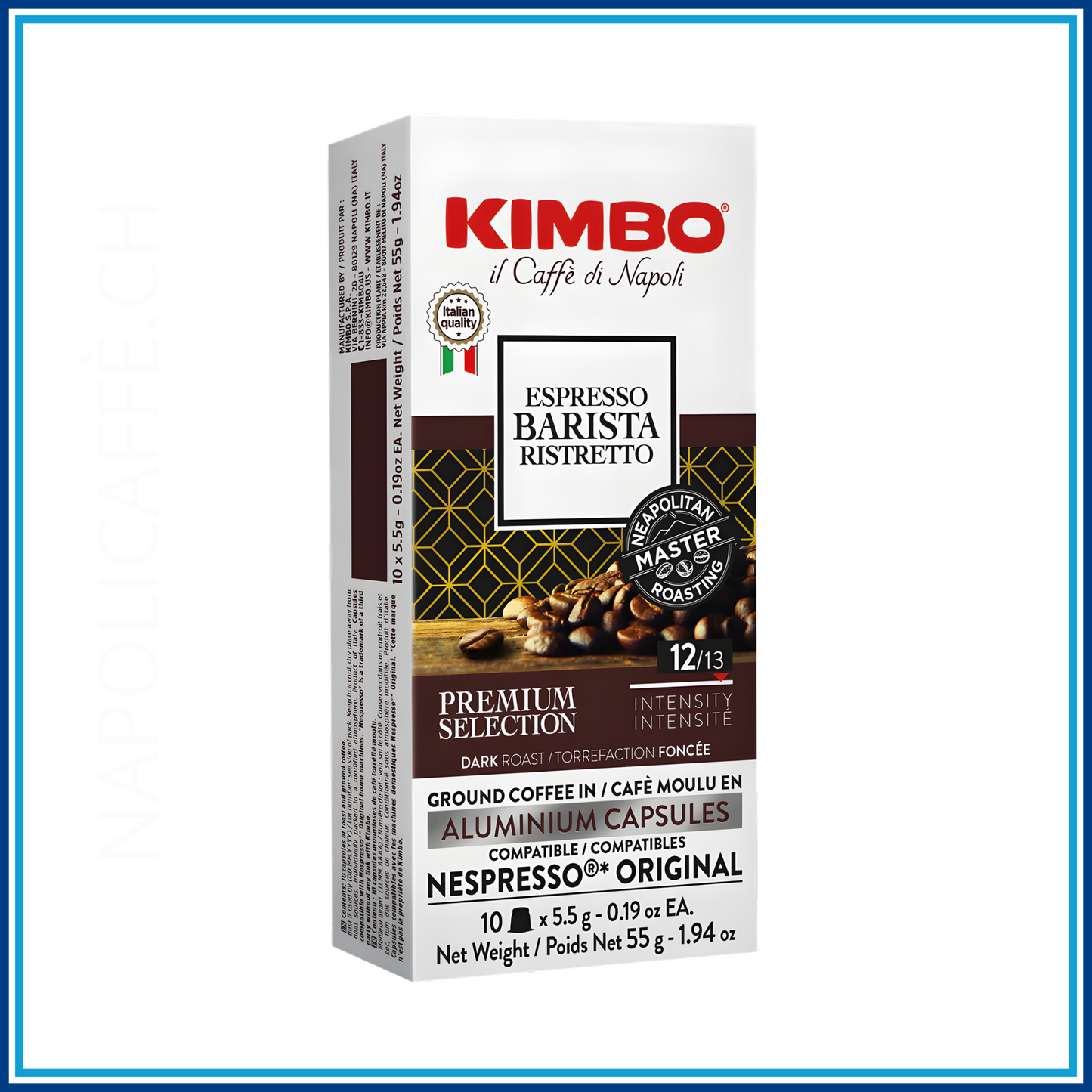 Kimbo Barista Ristretto – Nespresso-kompatibel – 10 Kaffeekapseln – Packung, Vorderseite